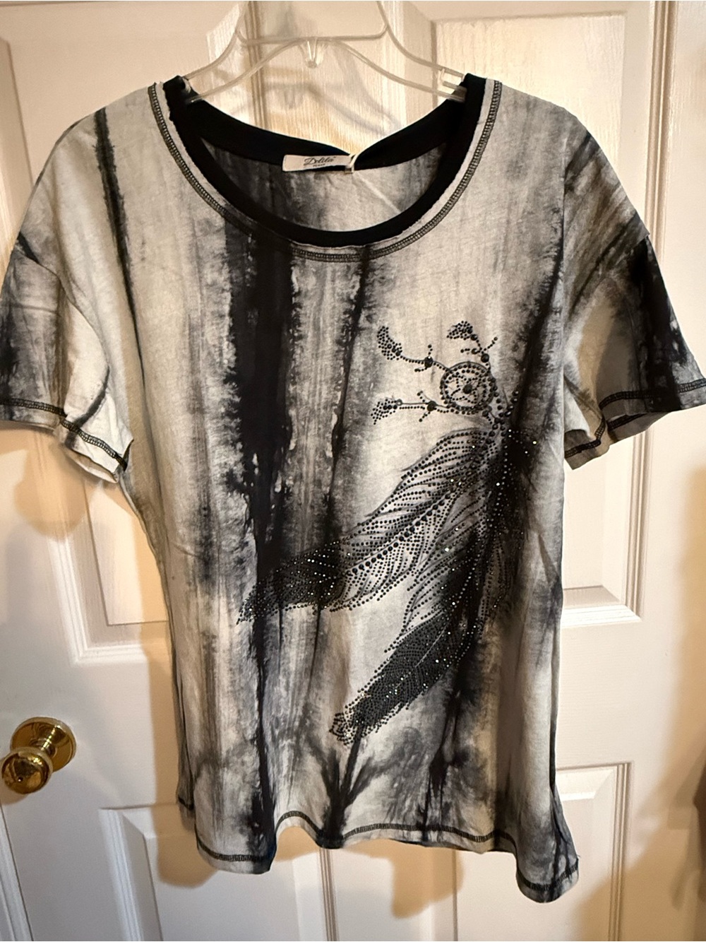 Delila Black & White Short Sleeve Tee with Beaded Feather Motif
